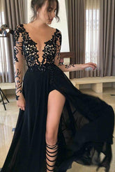 Black Long Prom Dress Long Sleeves Lace Appliques with Slit